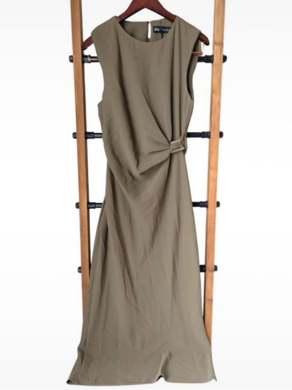 Zara Olive-Tone Sleeveless Maxi Dress with Side Knot